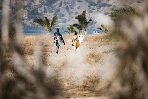 Two boys walking through dry grass with surfboards